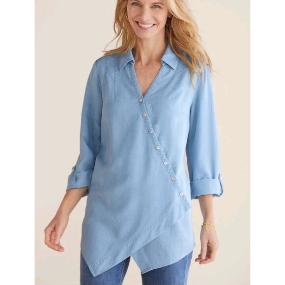 Soft Surroundings Crossover Front Tencel Top Women's Large  Rollup Sleeves Blue - Picture 1 of 11